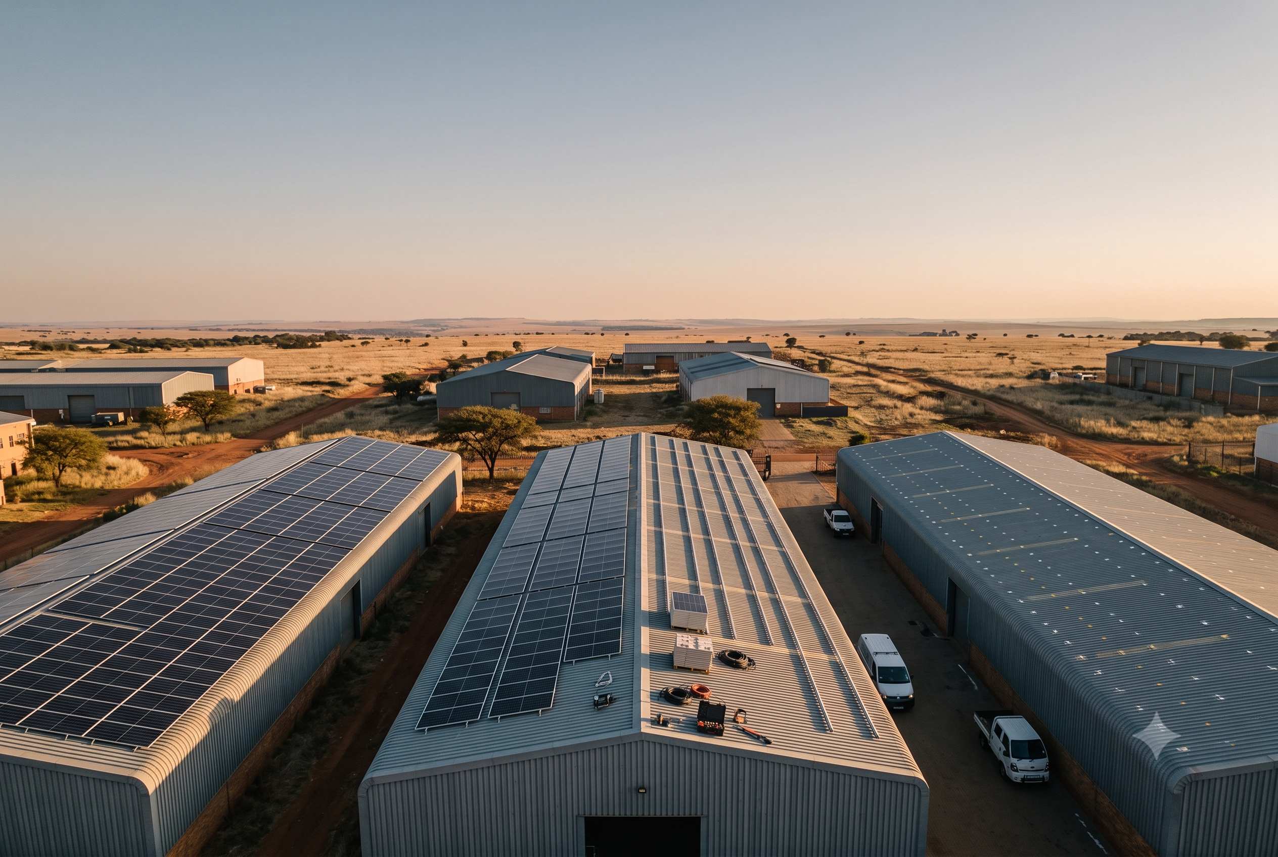 Golden-hour aerial of three warehouses with rooftop solar, one roof mid-installation, in South African savanna