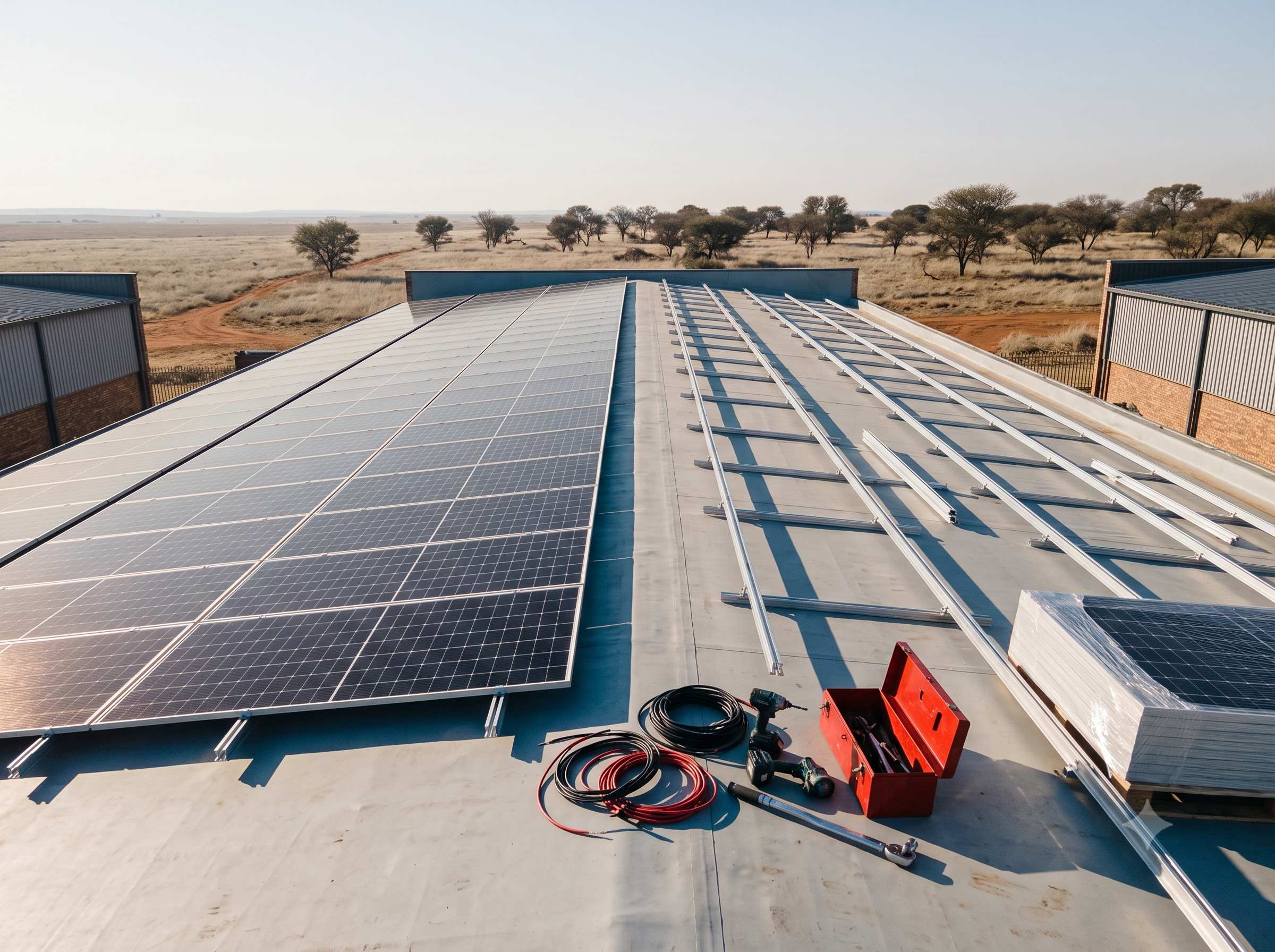 A warehouse roof mid-installation, half solar panels and half bare mounting rails, with an installer's toolbox and cabling