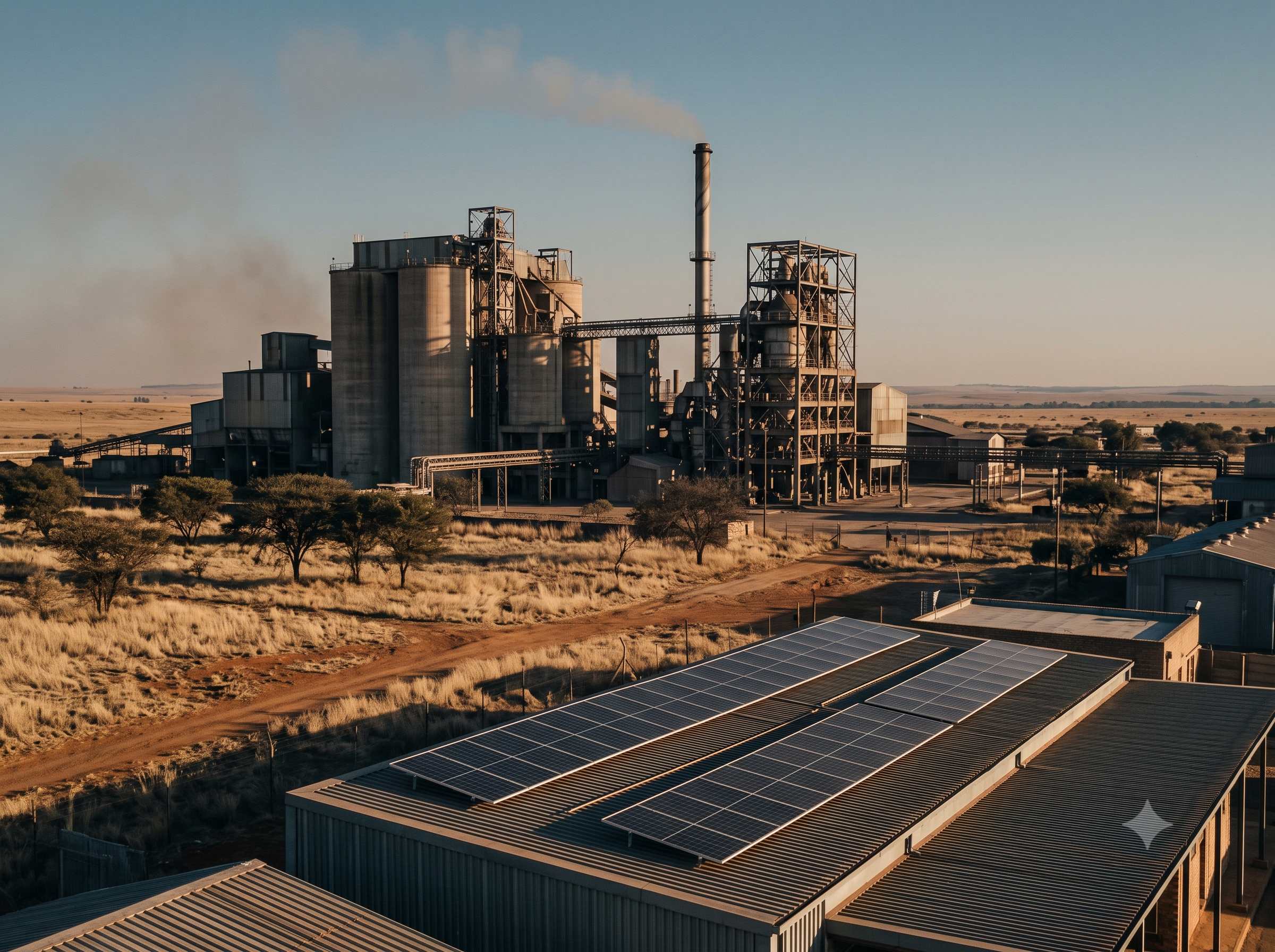 An industrial plant with a smoking stack beside a shed with rooftop solar