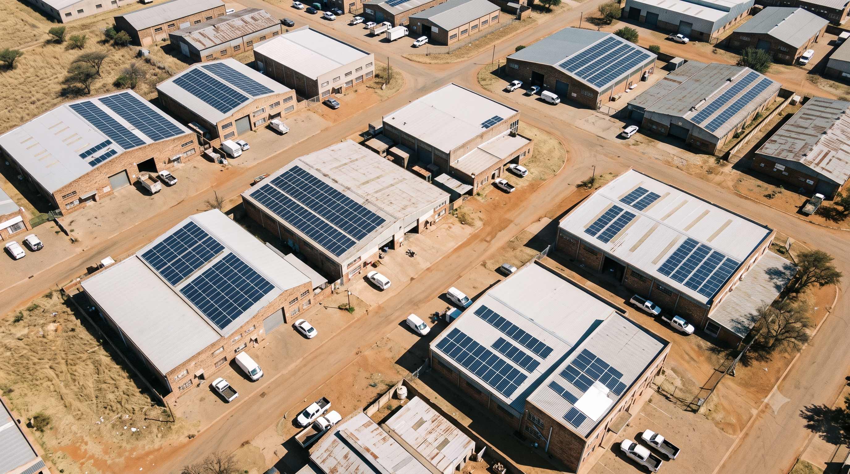 An industrial district of many warehouse roofs, each carrying solar panels