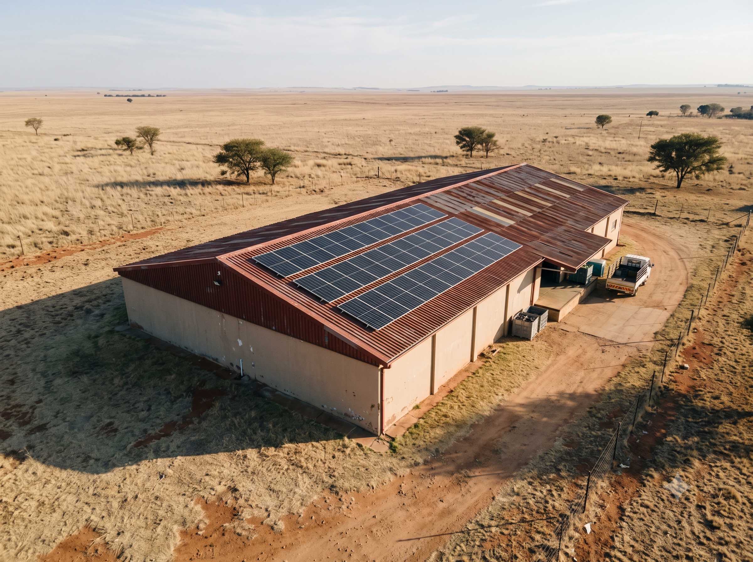 A single farm packhouse with one rooftop solar array in dry veld